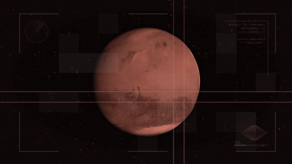 An image of the planet Mars with some lines indicating a particular part of the planet.