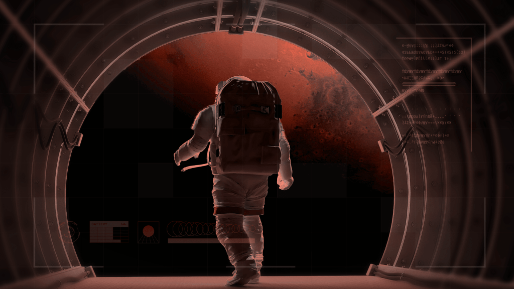 An image of an astronaut looking out at Mars from a walkway in space.