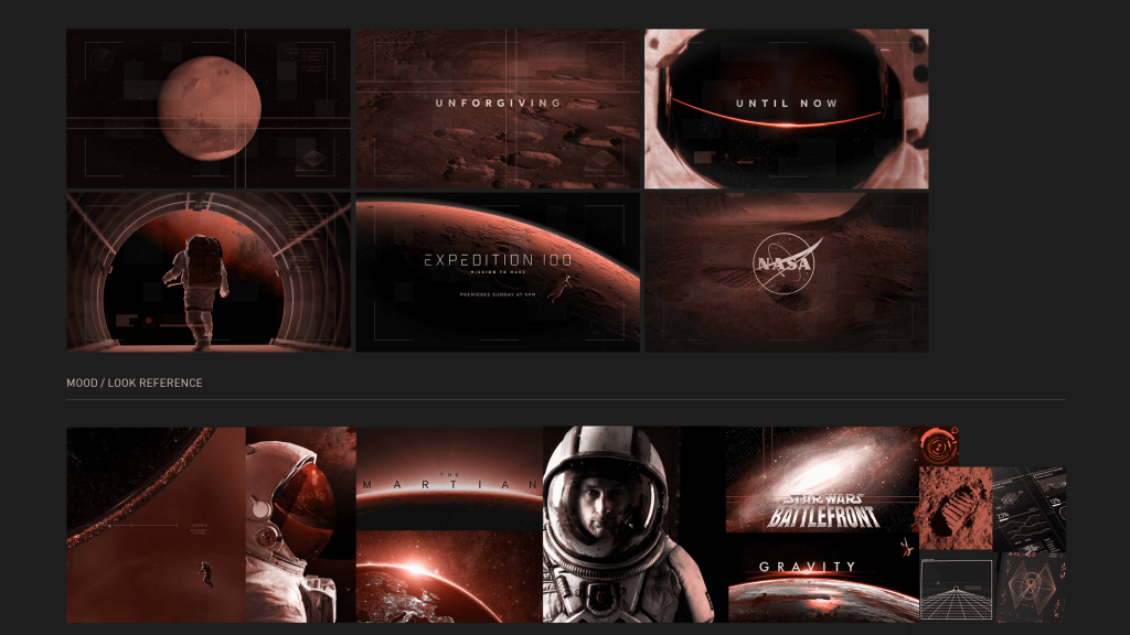 The final frames for the Mars Expedition 100 project and with their mood references. 