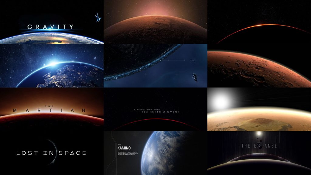 A set of 12 images of planets, with the sunrise often behind the curvature of the planet.