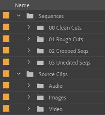 A screenshot from Adobe Premiere of the file structure