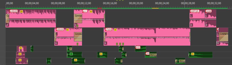 An image of the timeline of Premiere showing the music clips in use on the project
