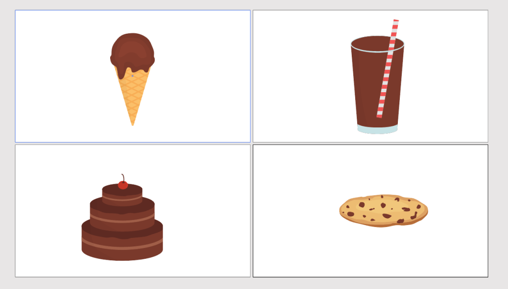 My drawings of an ice cream cone, a milkshake, a cake and a cookie