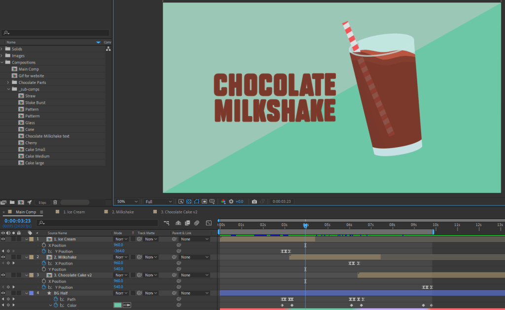 A screenshot from within After Effects showing my chocolate animation